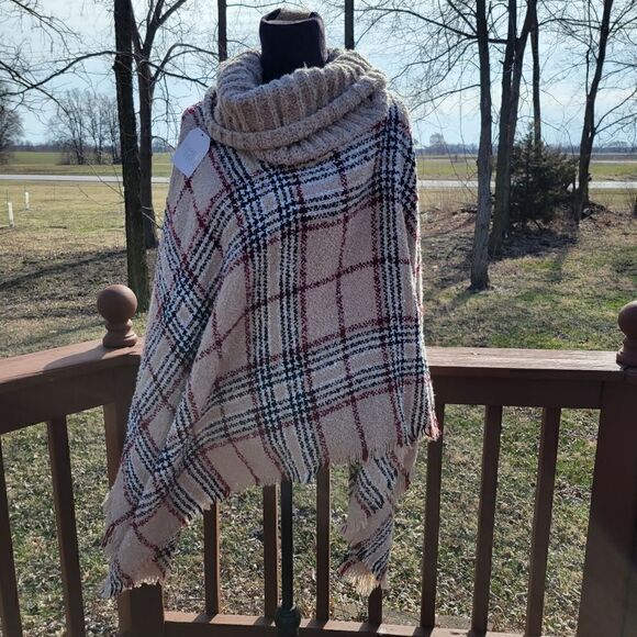 Time And Tru Plaid Turtleneck Poncho Sweater | Fall Cozy Style | Size L/XL - Picture 3 of 15